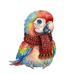 Fototapeta premium Watercolor painting of a vibrant multi colored parrot wearing a warm red knitted winter scarf