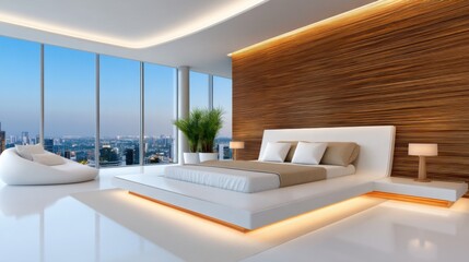 Fototapeta premium Modern minimalist bedroom, levitating bed frame with under lighting, sleek wooden wall panel behind, floor to ceiling window with automated blinds