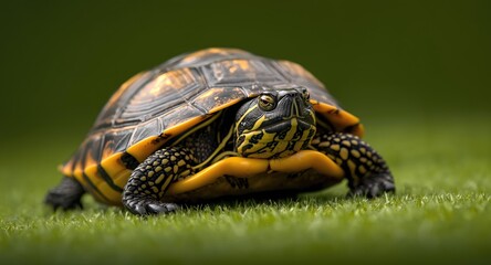 Fototapeta premium Captivating macro shot of a yellow bellied slider turtle with a smooth green natural backdrop