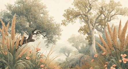 Subtle wallpaper design showcasing detailed botanical trees flowers and reeds in light color tones outstanding illustration