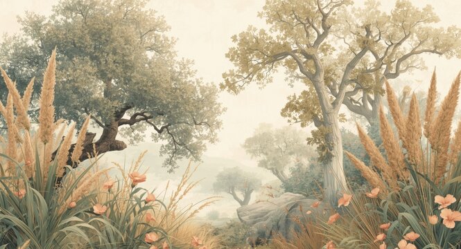 Subtle wallpaper design showcasing detailed botanical trees flowers and reeds in light color tones outstanding illustration