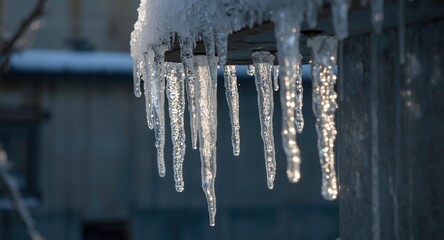 Sunlit icicles shimmer with dangerous beauty on winter urban structure