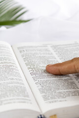 Fototapeta premium Macro Close-Up of Finger Touching Bible Page