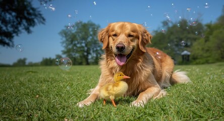 Golden Retriever pet having fun with duckling and bubbles on a sunny summer day lawn full length