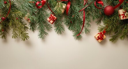 Seasonal greeting card backdrop featuring spruce branches, red ribbons, and small festive packages
