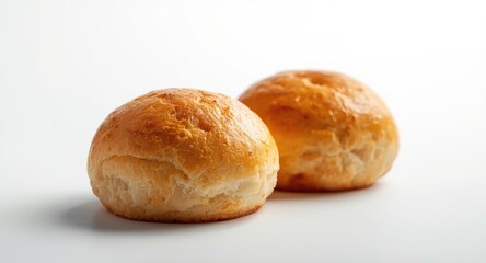 Two golden cheese rolls arranged on a white flat background