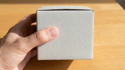 A human hand holding a small plain cardboard product box