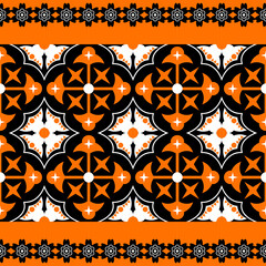 Orange Black And White Geometric Floral Folk Art Pattern Textile Design