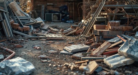Stacked building materials and leftover debris in driveway during home upgrade