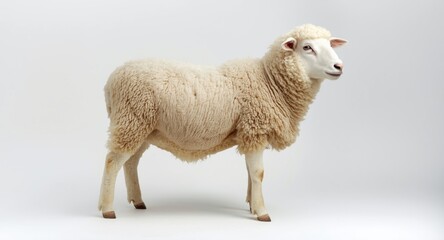 Fototapeta premium Side profile of adult female Suffolk sheep on white studio background