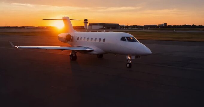 Private jet on runway at sunrise with vibrant orange sky