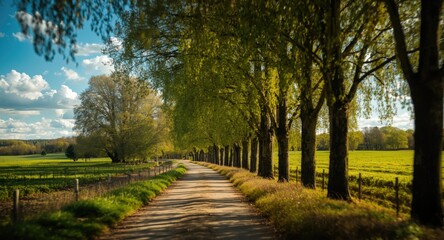 Scenic rural path bordered by tall poplar trees on a sunny day