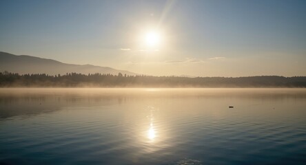 Fototapeta premium Peaceful morning light bathing a vast lake with gentle water reflections