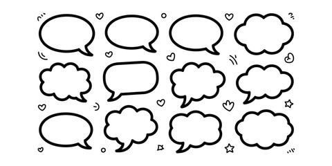 Black and white cartoon speech bubbles with hearts and stars in white background