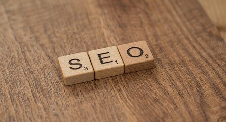 Wooden cubes with SEO letters placed on detailed wood grain background symbolizing digital strategy