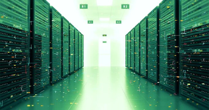 Big Data Storage Servers in Futuristic Tech Facility 4K. Technology And AI Related 3D Animation.