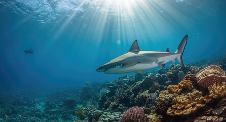 Silver tip shark in lively sun-drenched marine habitat emphasizing ocean health on Earth Day