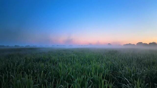 A breathtaking quadriptych showcasing a lush sugarcane field at sunrise, as a gentle, mysterious mist rolls across the vibrant green stalks.