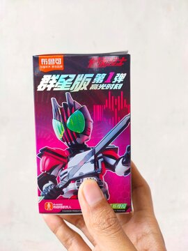 Malang, Indonesia - December 31, 2025: A colorful Blokees Kamen Rider Galaxy Version 01 Action Figure toy box. Kamen Rider Geats. Kamen Rider Decade.