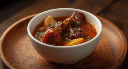 Halal oxtail soup in white bowl on textured wood plate highlighting delicious presentation