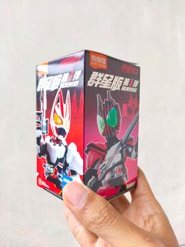 Malang, Indonesia - December 31, 2025: A colorful Blokees Kamen Rider Galaxy Version 01 Action Figure toy box. Kamen Rider Geats. Kamen Rider Decade.