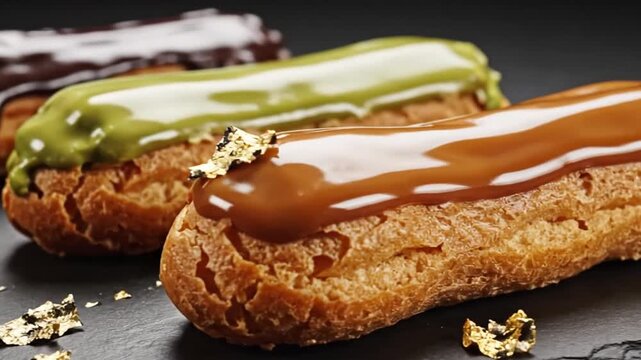 Chocolate and matcha eclairs with gold leaf on dark background