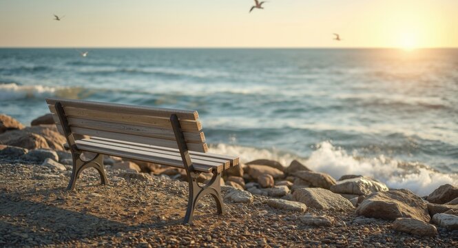 Wooden bench enjoying serene ocean waves and tranquil sunlight