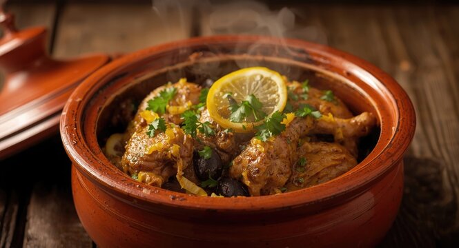 Zesty lemon and olive chicken braised with cilantro in traditional clay pot