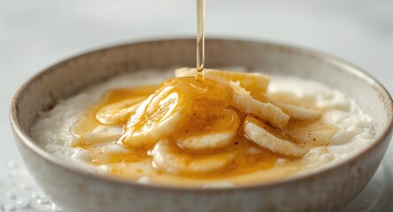 Banana slices and honey layered over warm yogurt porridge