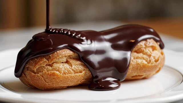 Chocolate sauce drizzling onto delicious eclair on white plate