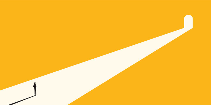 A lone person stands on a bright path leading to an open doorway, symbolizing new opportunities and future journeys.