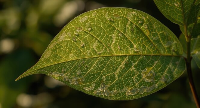 Alstonia scholaris leaf texture disrupted by insect egg deposits in natural setting
