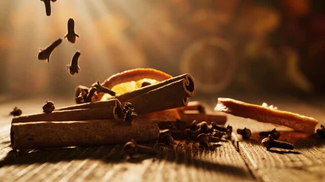 Cinnamon sticks, dried orange slices, cloves falling on wooden table.