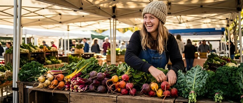 Young blonde woman in knit hat shopping for fresh organic vegetables at outdoor farmers market with colorful produce display and vendor stalls.