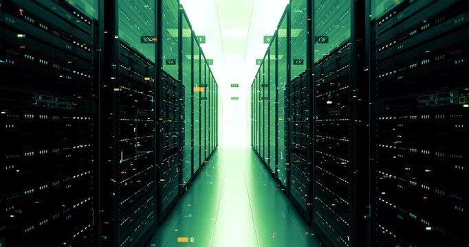 Network Server Racks in Modern Data Center Environment 4K. Technology And AI Related 3D Animation.