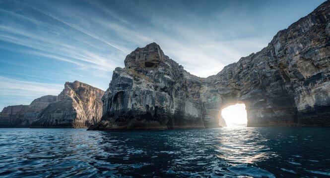 Maritime scene showcasing rugged dolerite cliffs and natural arch from water