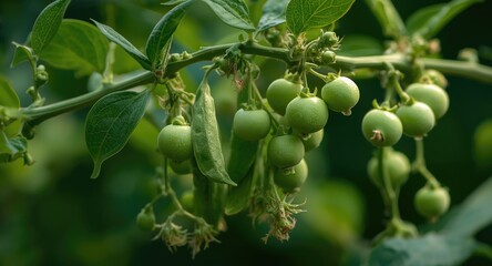 Fototapeta premium Close view of textured green pea pods ripening on vine plant