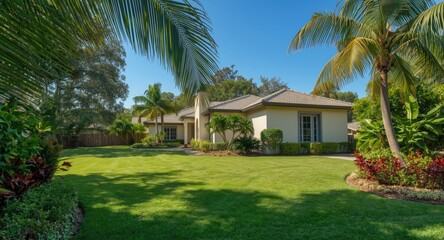 Fototapeta premium Rural residence combining concrete block structure with stucco and tropical palms