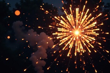 Fototapeta premium Golden firework bursts, shimmering trails, realistic detail, opulent, bright