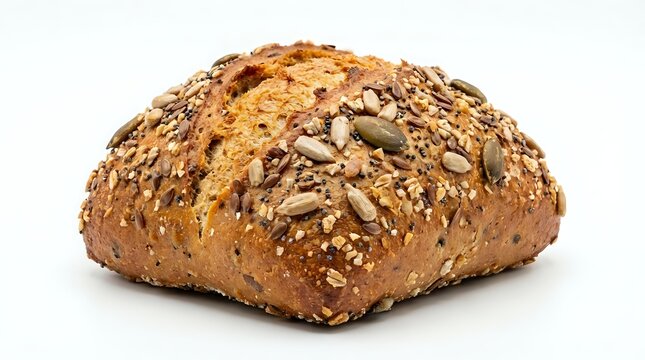 Artisan multigrain bread loaf with sunflower seeds and mixed grains on white background. Healthy whole wheat bakery product for breakfast and meals.