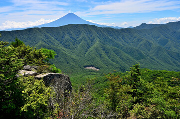御坂山地の釈迦ヶ岳山頂より　夏富士山と緑の山稜
