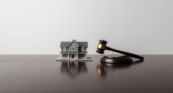 Wooden table setup with house miniature and judge gavel emphasizing debt default and foreclosure against white wall