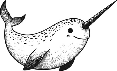 Tusked Wonder: A Narwhal’s Tale in Lines Narwhal linework sketch hand drawn pen drawing vector illustration © Ratcha