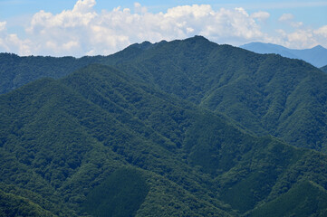 御坂山地の釈迦ヶ岳山頂より鬼ヶ岳、節頭ヶ岳を望む
