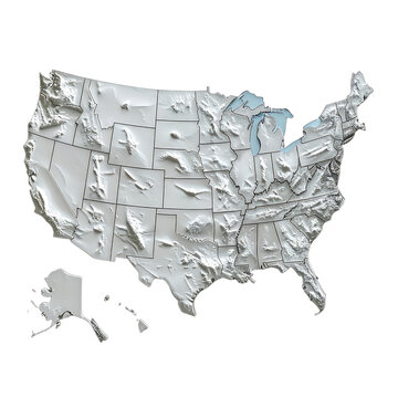 3D rendered gray and white relief map of the United States against a black background