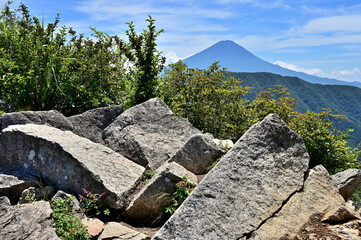 御坂山地　岩稜の釈迦ヶ岳山頂より望む夏富士
