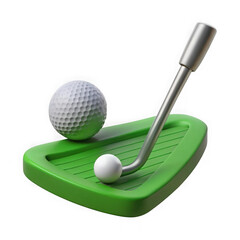 3D render of golf club and balls on green putting mat isolated on transparent background