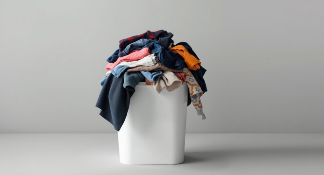 Messy laundry piled inside a white clothes bin on plain background
