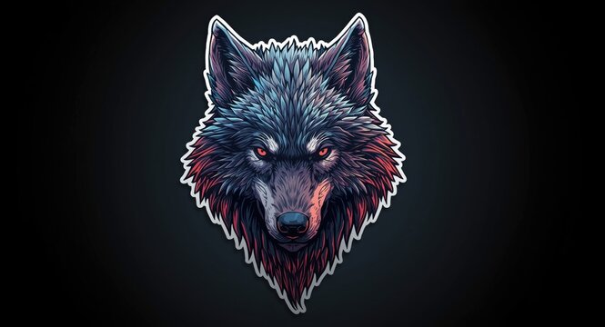 Sticker illustration of surreal wolf head with fantasy creature comic style