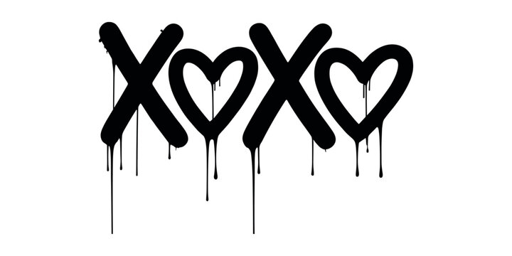 Black graffiti style xoxo symbols with drips on white background hearts love